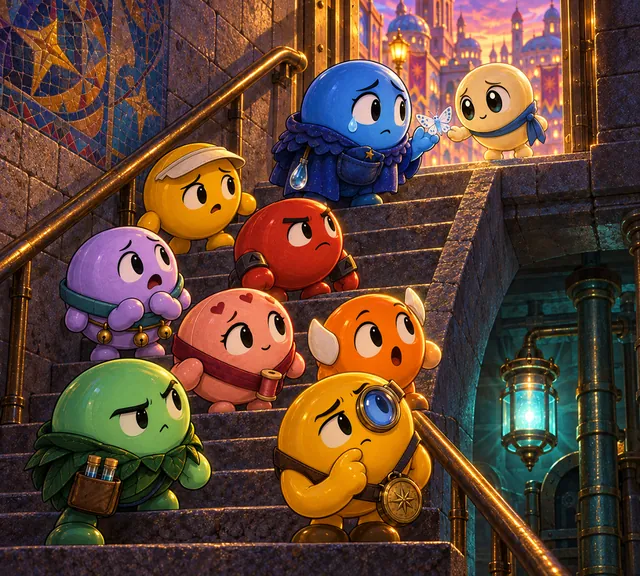 The emoji friends gather on stone steps as Hope hands Rain a paper moth.