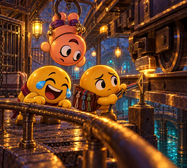 Flip laughs while hanging upside down above the tracks. Guff watches from behind a railing.