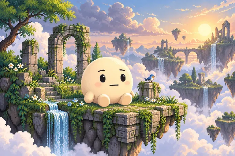 A calm pixel-art character rests on a floating island between waterfalls.