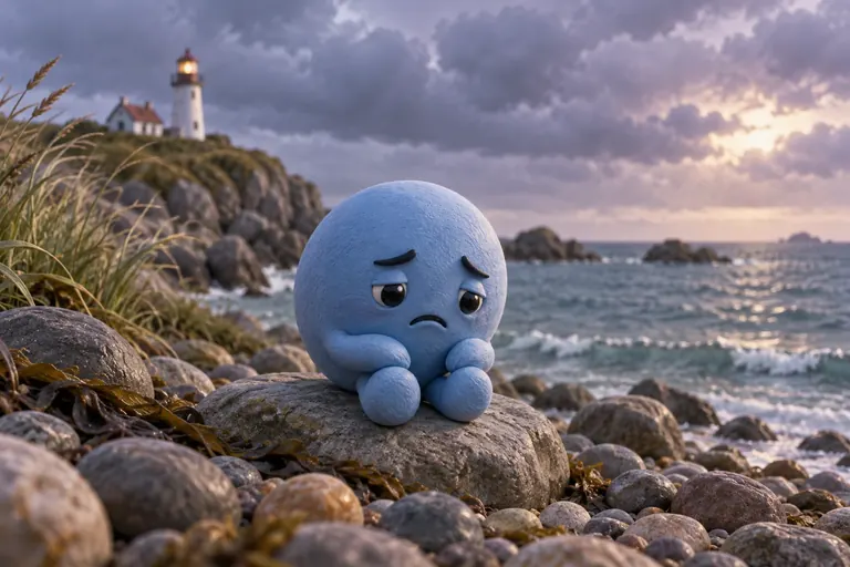 A worried blue clay character sits on a rocky shore under gray clouds.