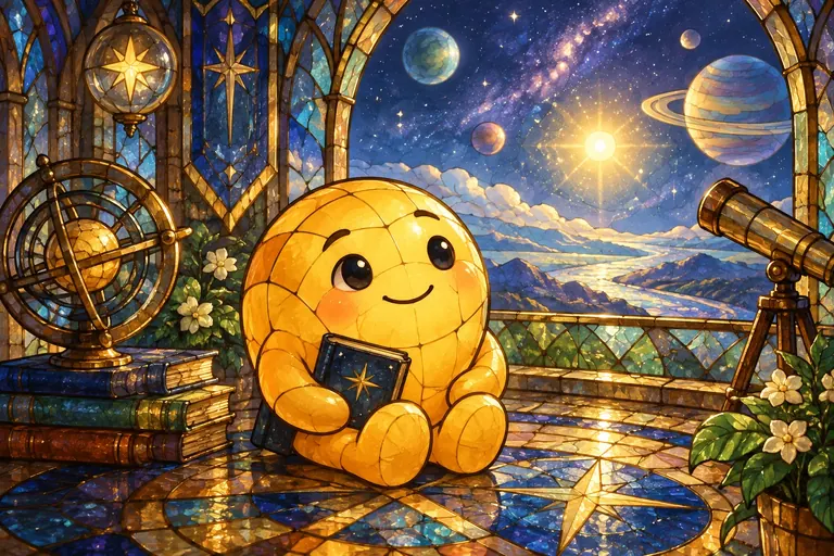 A smiling golden glass character sits in a starlit observatory.