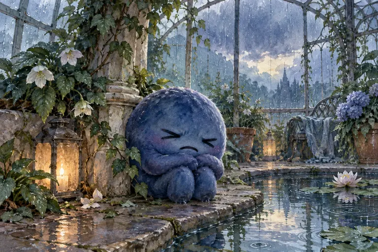 A small blue character curls up in a greenhouse on a rainy day, painted in watercolor.