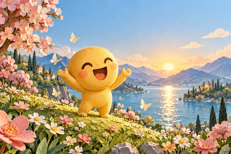 A joyful paper-craft character cheers beside a sunlit lake.