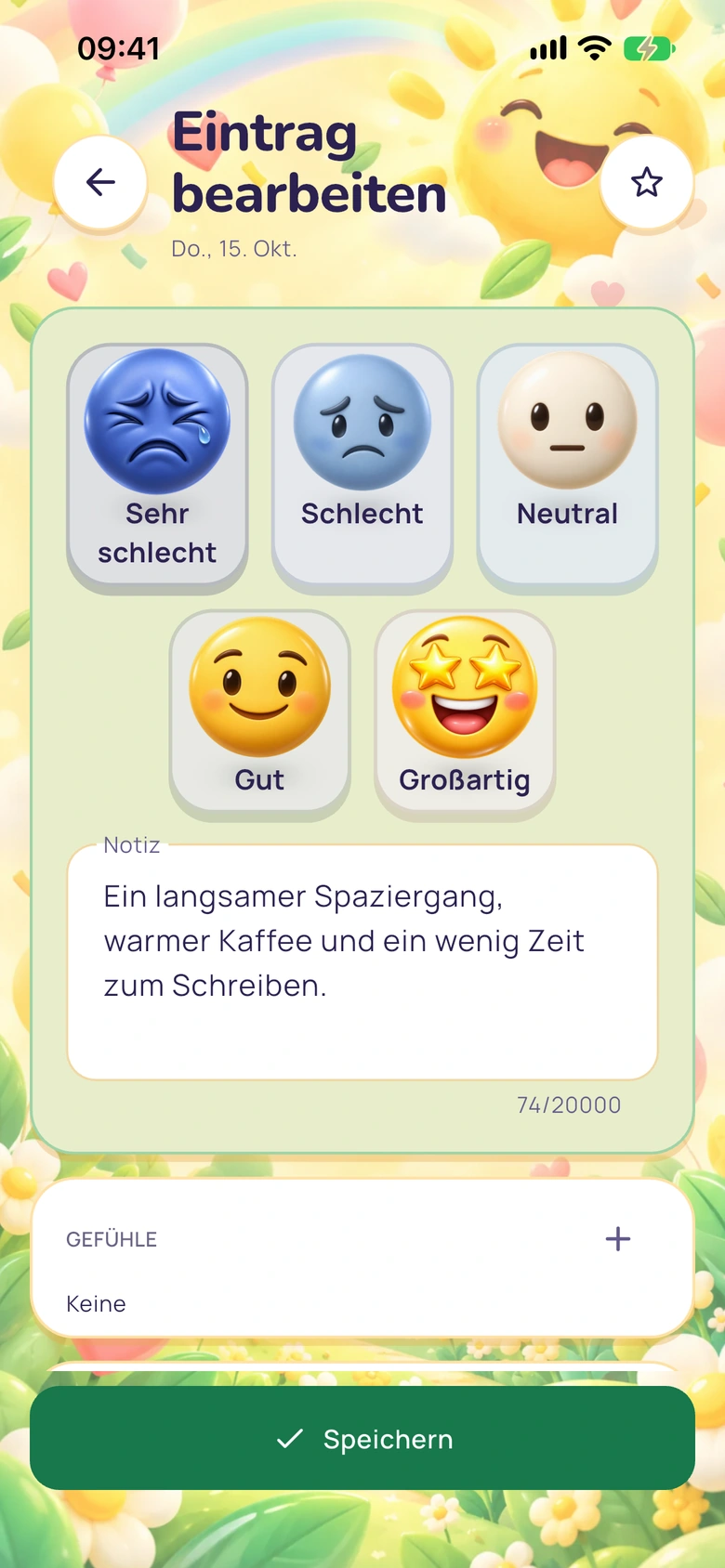 Moodlos Tagebucheditor mit Stimmungsauswahl, Notiz, Emotionen und Tags.