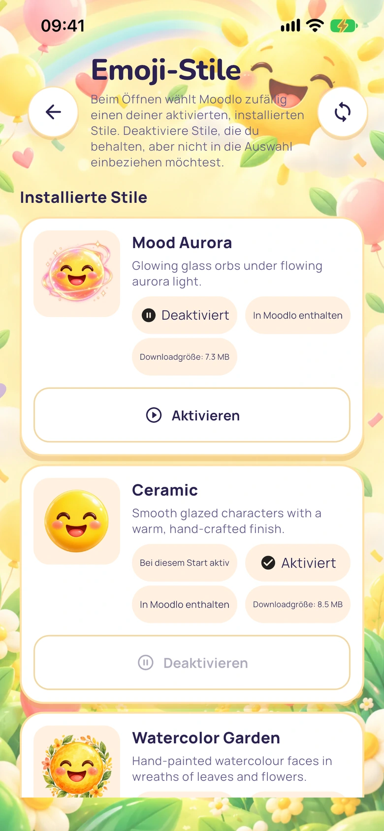 Installierte Emoji-Stile in Moodlo mit Schaltern zum Aktivieren und Deaktivieren.