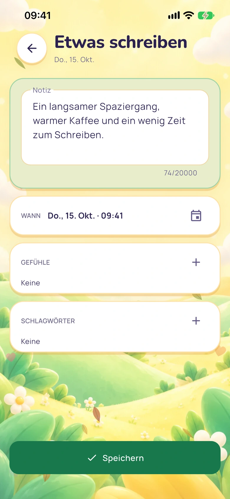 Die Ansicht für kurze Notizen in Moodlo mit Textfeld, Schaltfläche zum Speichern und Gefühlsauswahl.