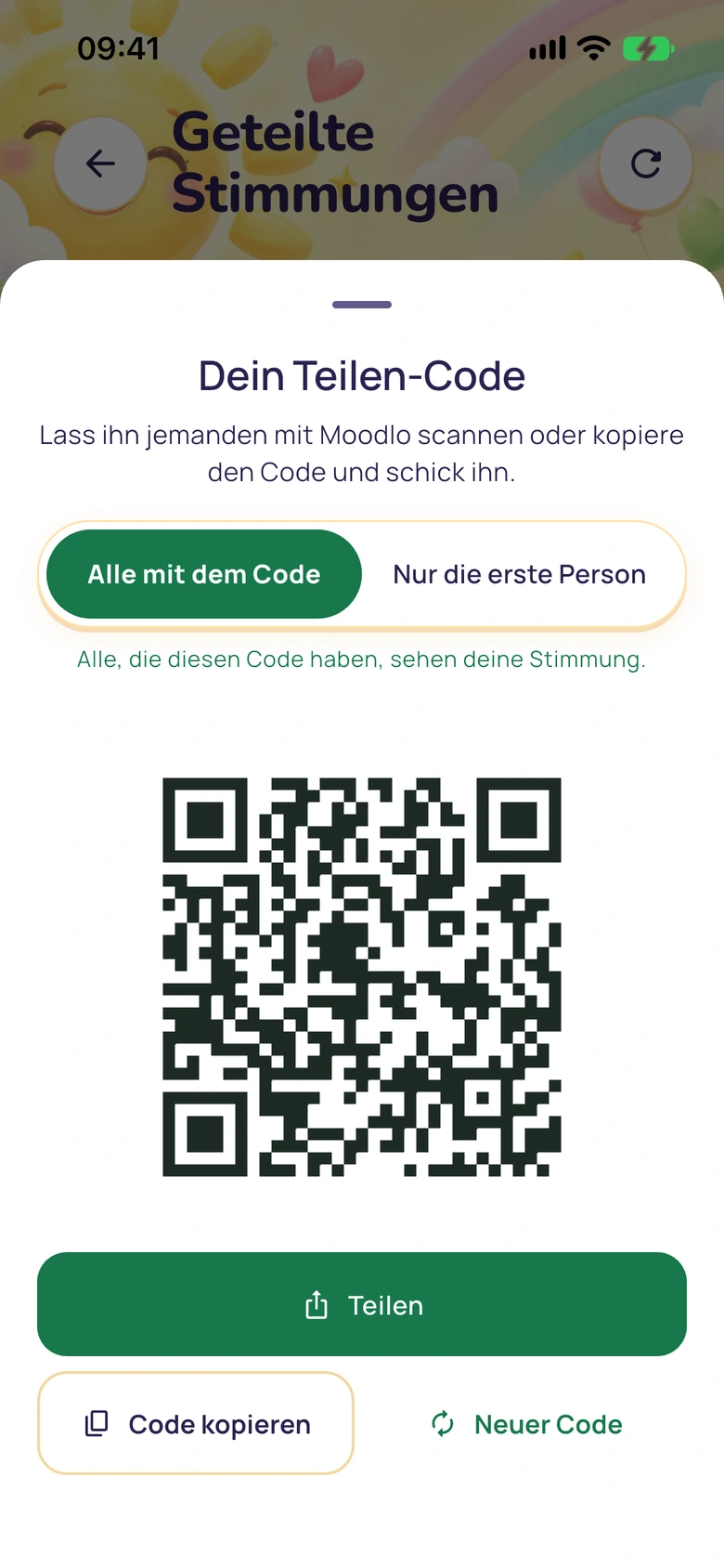 Das Fenster mit dem Teilen-Code: ein QR-Code und Tasten zum Teilen, Kopieren und für einen neuen Code