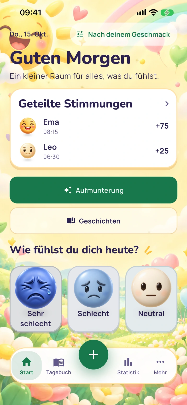 Moodlos Startbildschirm mit der Karte Geteilte Stimmungen: Ema mit +75 und Leo mit +25