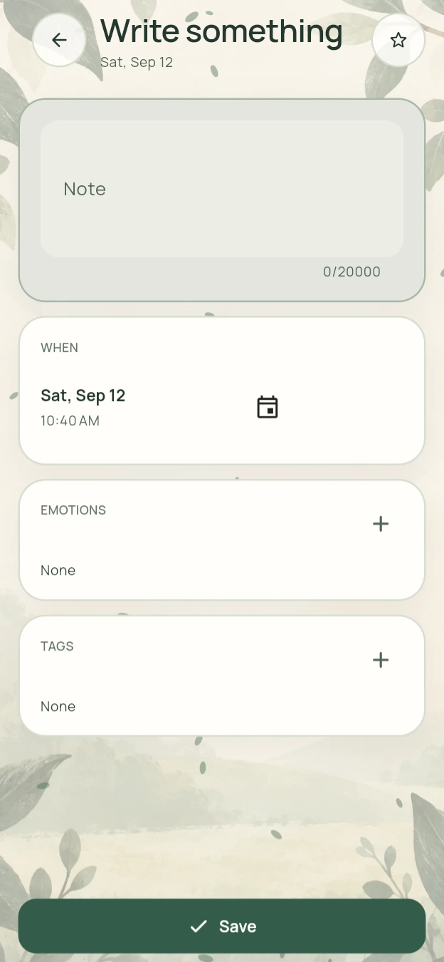 Moodlo diary composer with note, date, emotion, and tag controls.