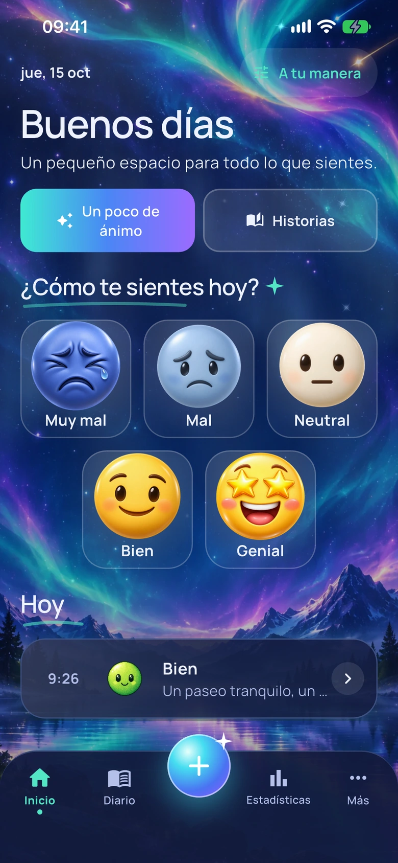 Pantalla de inicio de Moodlo con el diseño Aurora de ánimo