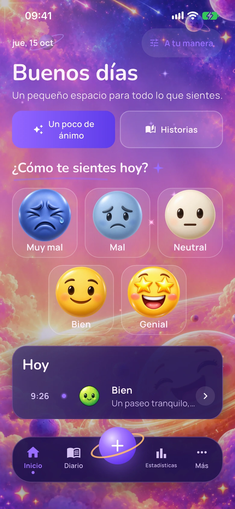 Pantalla de inicio de Moodlo con el diseño Universo emoji