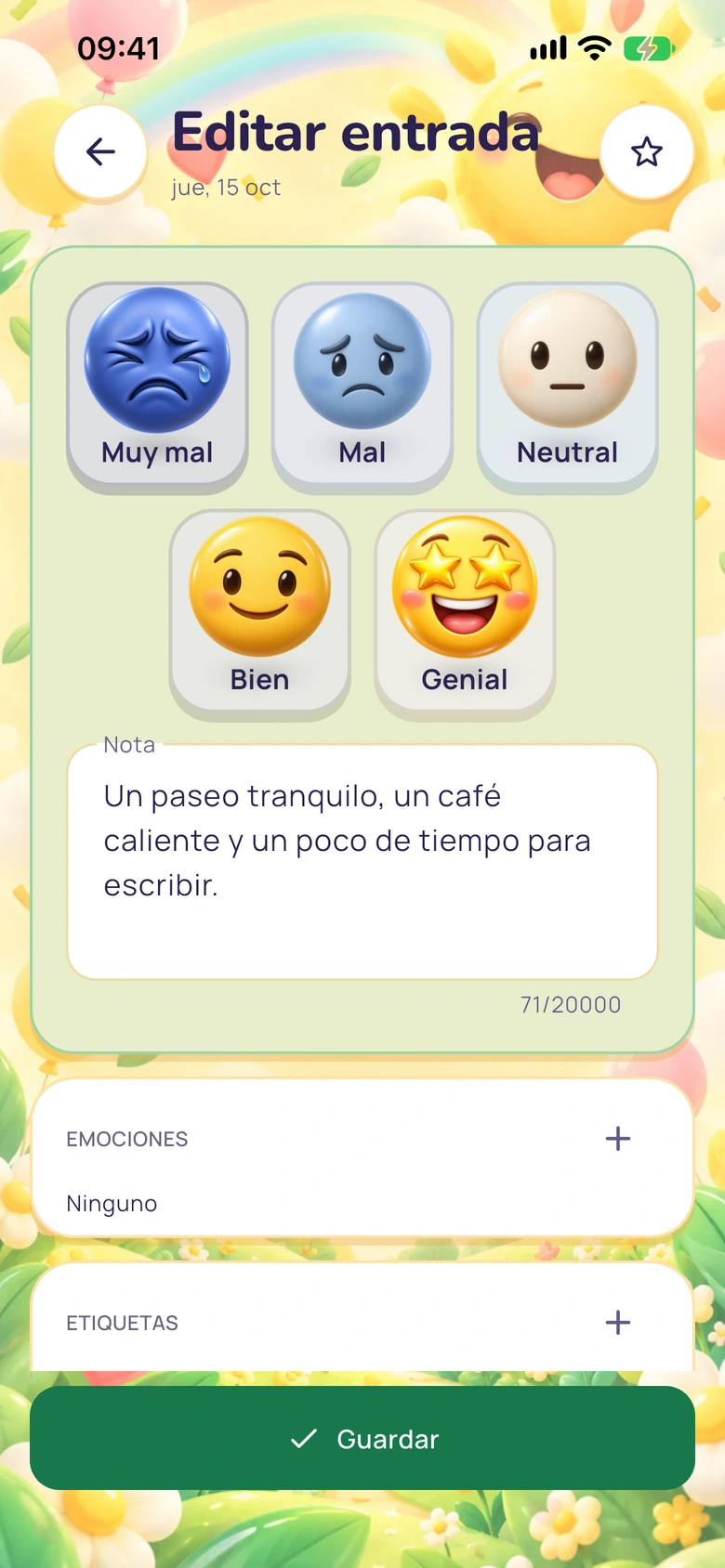 Editor del diario de Moodlo con opciones de ánimo, una nota, emociones y etiquetas.
