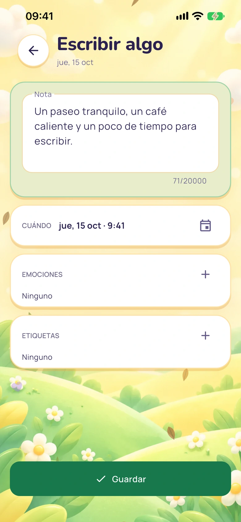 Pantalla de notas rápidas de Moodlo con un campo de texto, un botón para guardar y un selector de emociones.