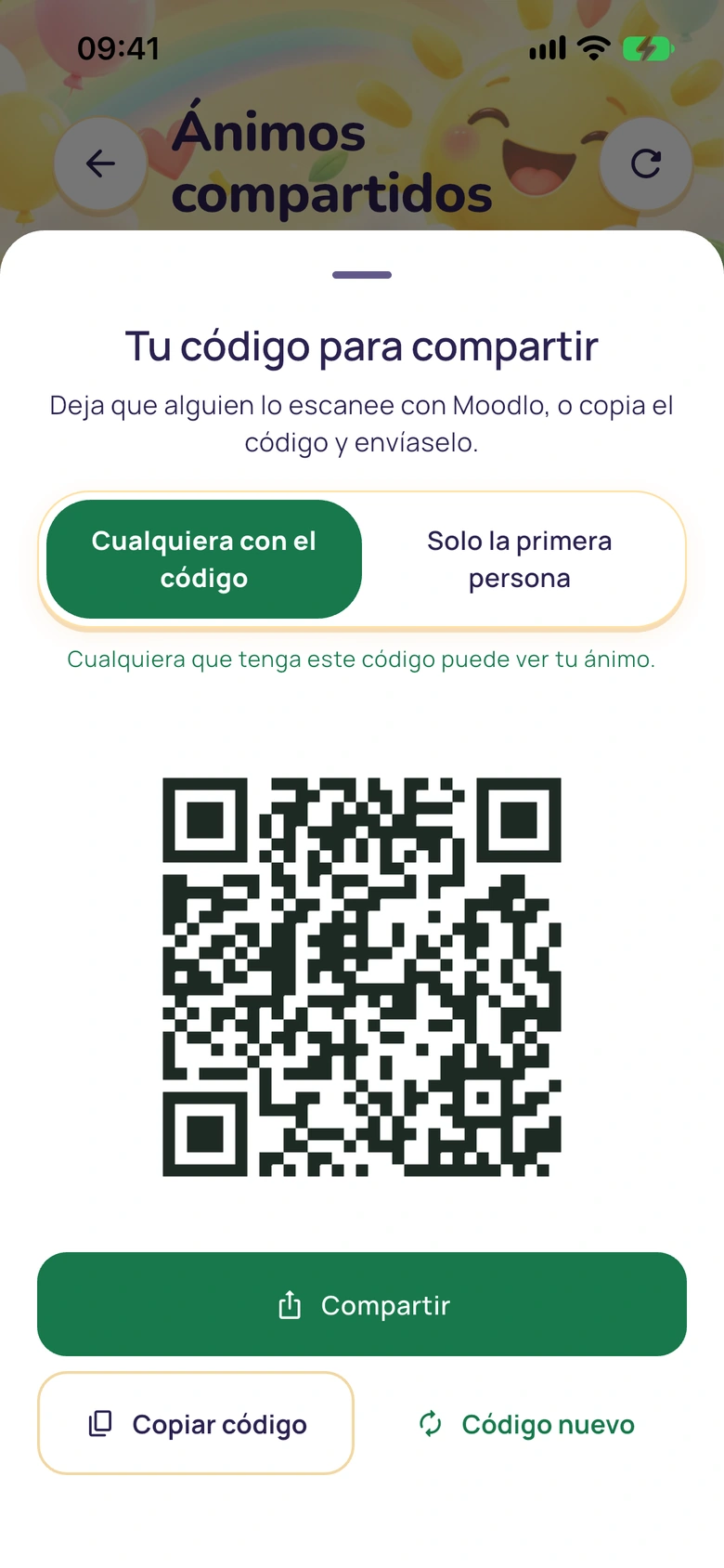 La hoja del código para compartir con un código QR y botones para compartirlo, copiar el código o crear uno nuevo