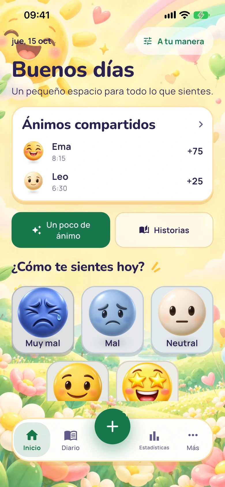 Pantalla de inicio de Moodlo con la tarjeta Ánimos compartidos: Ema con +75 y Leo con +25