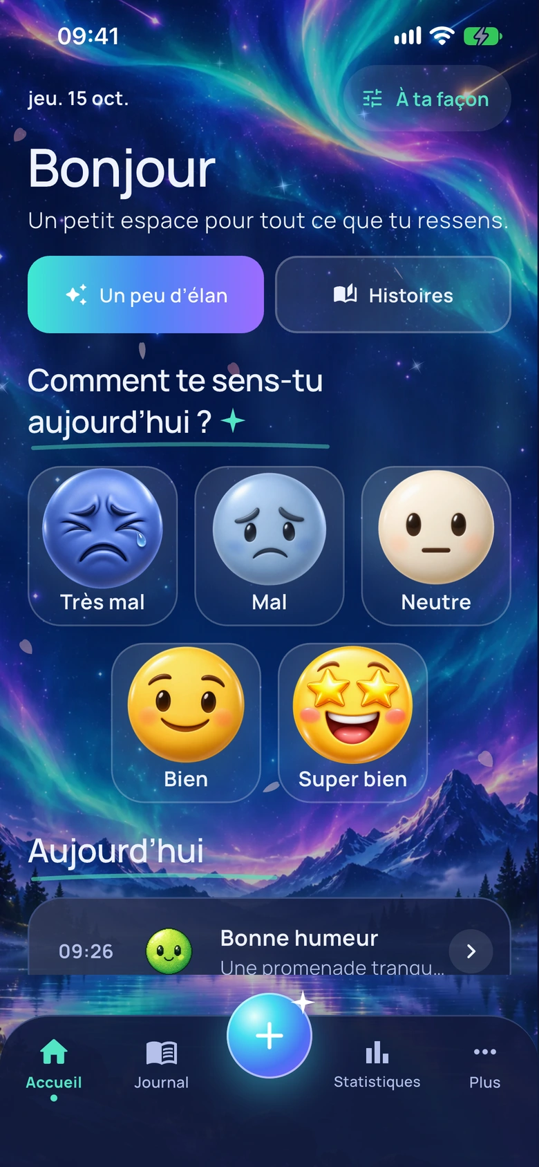 L’écran d’accueil de Moodlo avec le design Aurore d’humeur