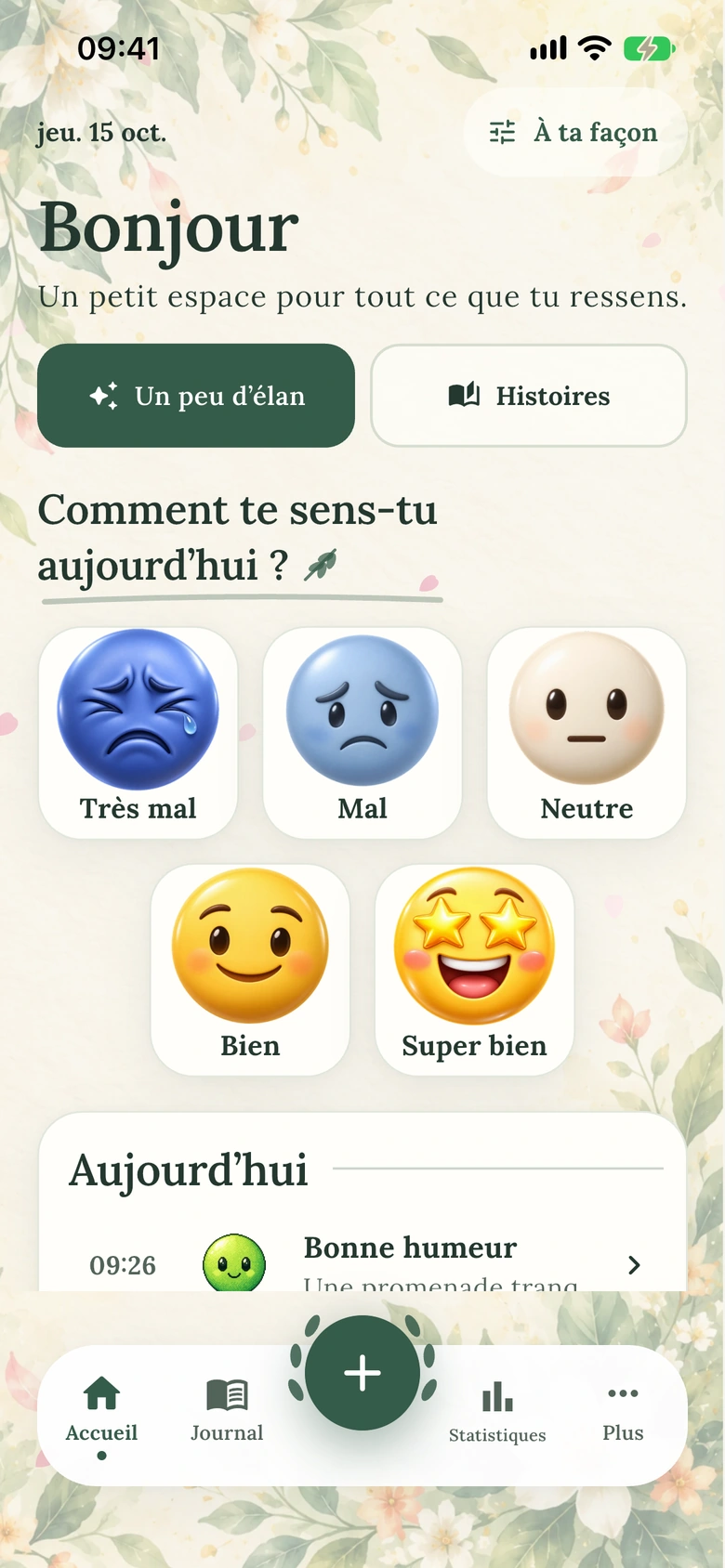 L’écran d’accueil de Moodlo avec le design Jardin aquarelle