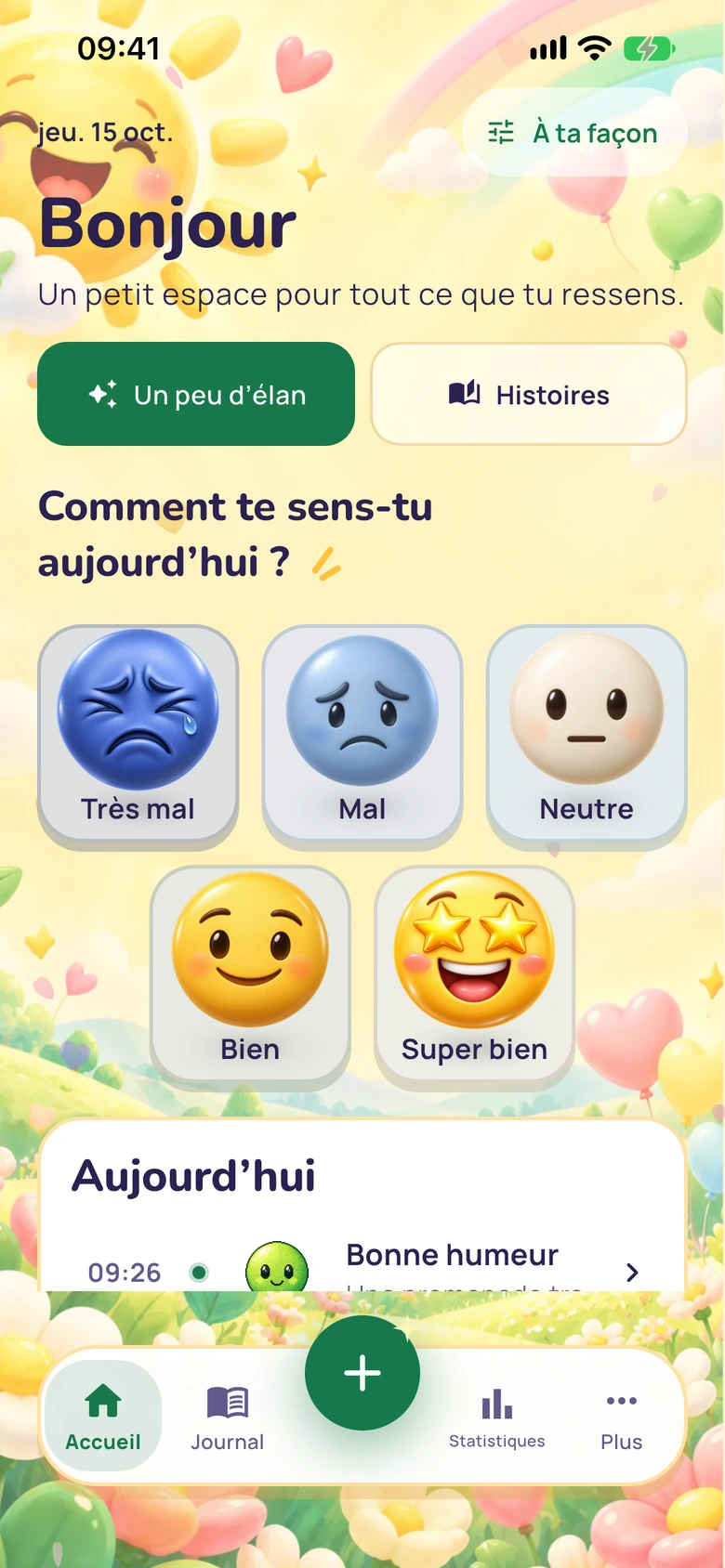 L’écran d’accueil de Moodlo avec le design Pop ensoleillé