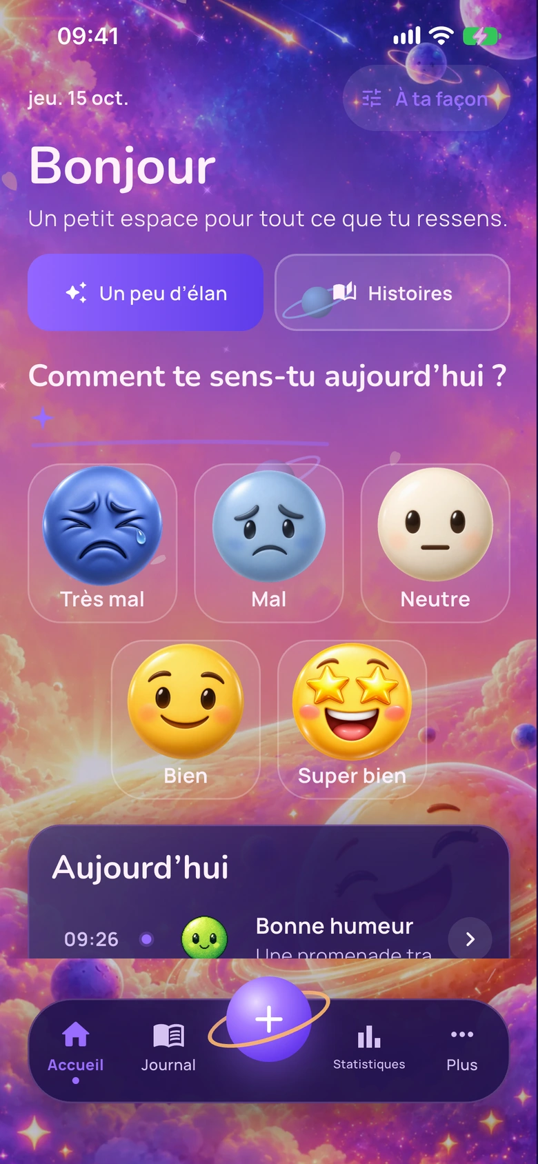 L’écran d’accueil de Moodlo avec le design Univers emoji