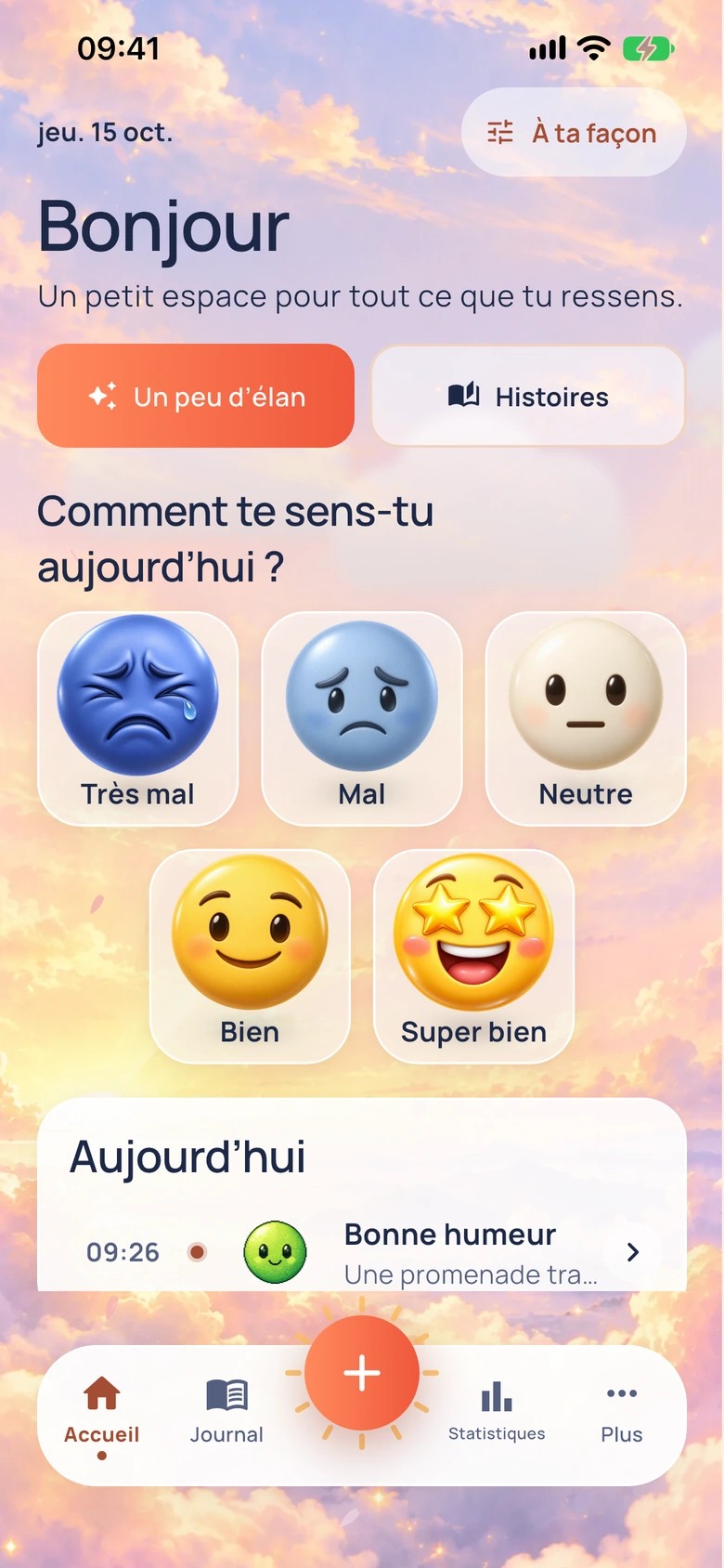 L’écran d’accueil de Moodlo avec le design Météo d’humeur