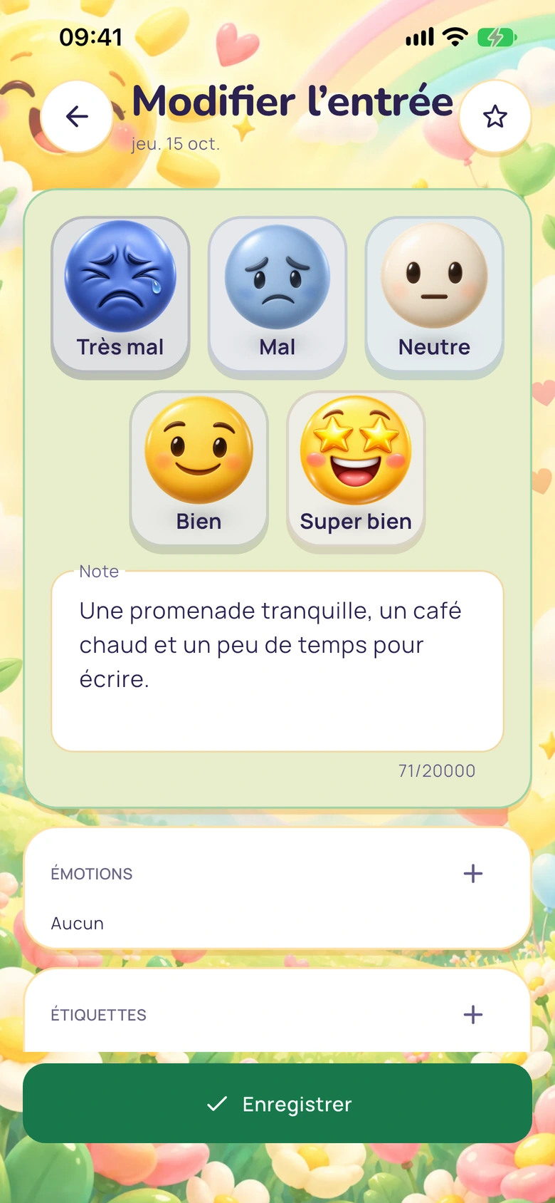 Éditeur du journal Moodlo avec les choix d’humeur, une note, les émotions et les étiquettes.