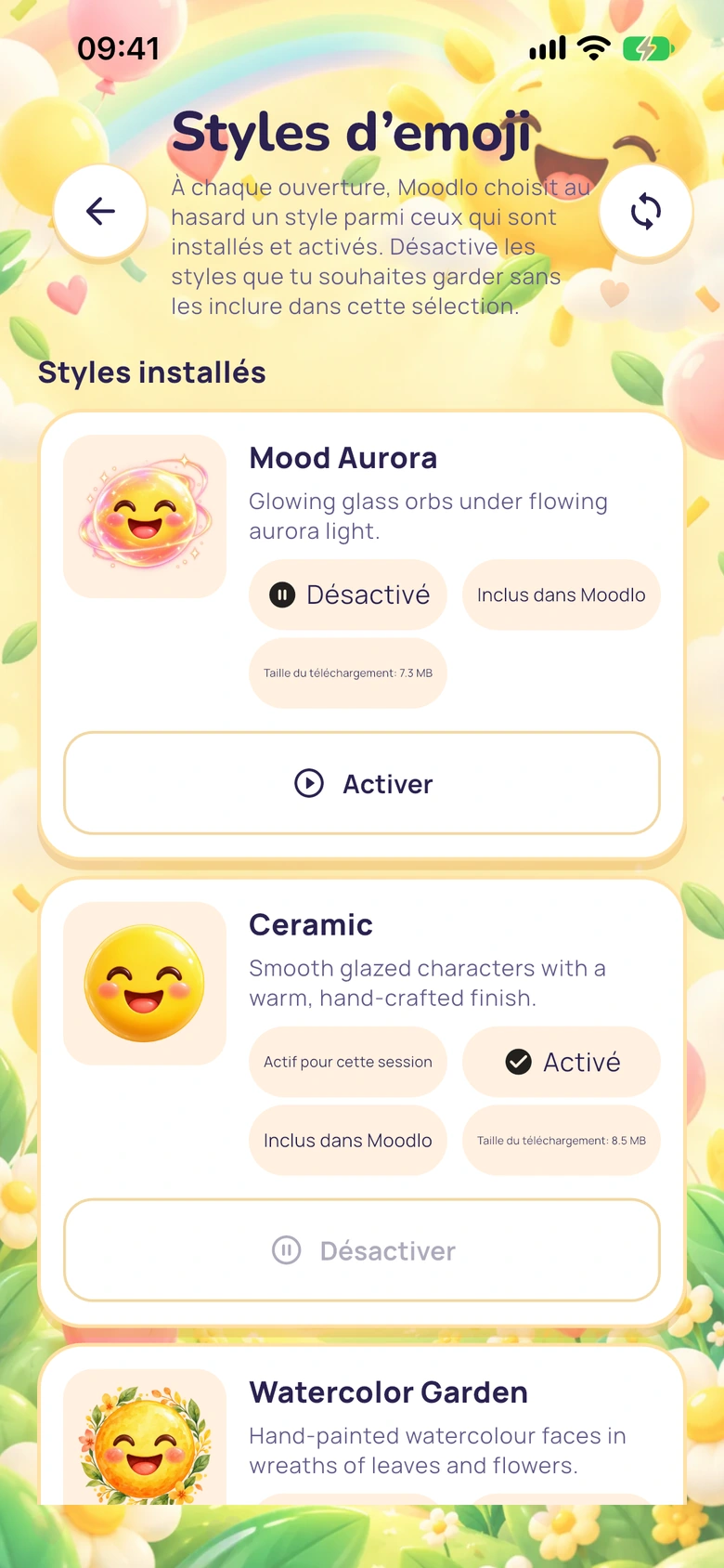 Styles d’emoji installés dans Moodlo avec les commandes pour les activer et les désactiver.