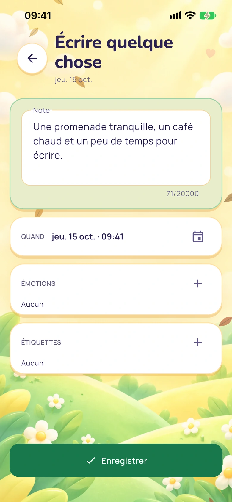 Écran de note rapide de Moodlo avec un champ de texte, un bouton d'enregistrement et un sélecteur d'émotions.