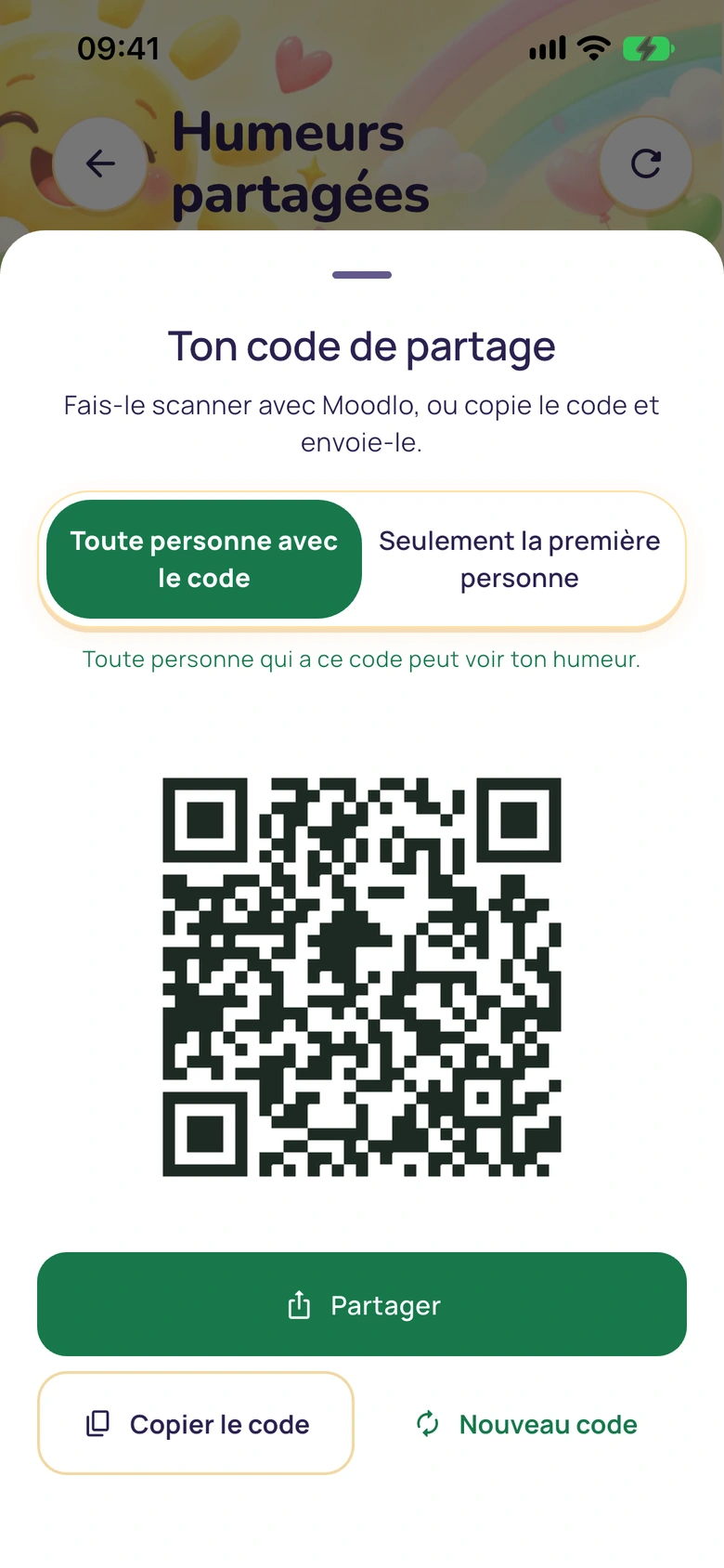 La fenêtre du code de partage avec un code QR et des boutons pour le partager, copier le code ou en créer un nouveau