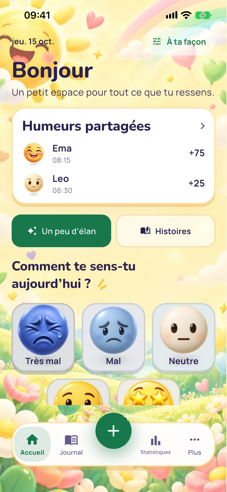 L’écran d’accueil de Moodlo avec la carte Humeurs partagées : Ema à +75 et Leo à +25