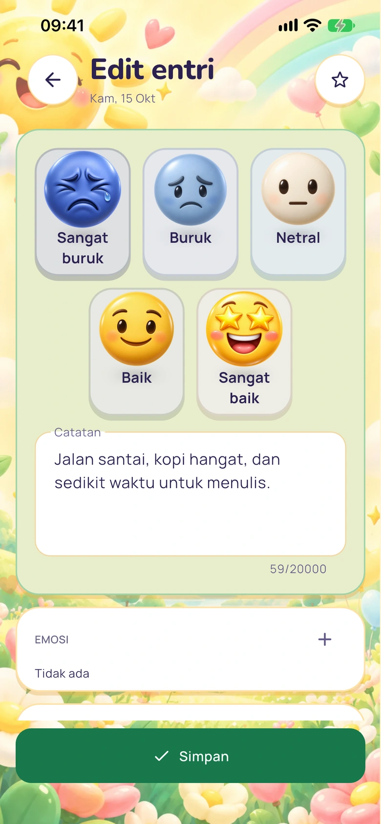 Editor buku harian Moodlo dengan pilihan suasana hati, catatan, emosi, dan tag.
