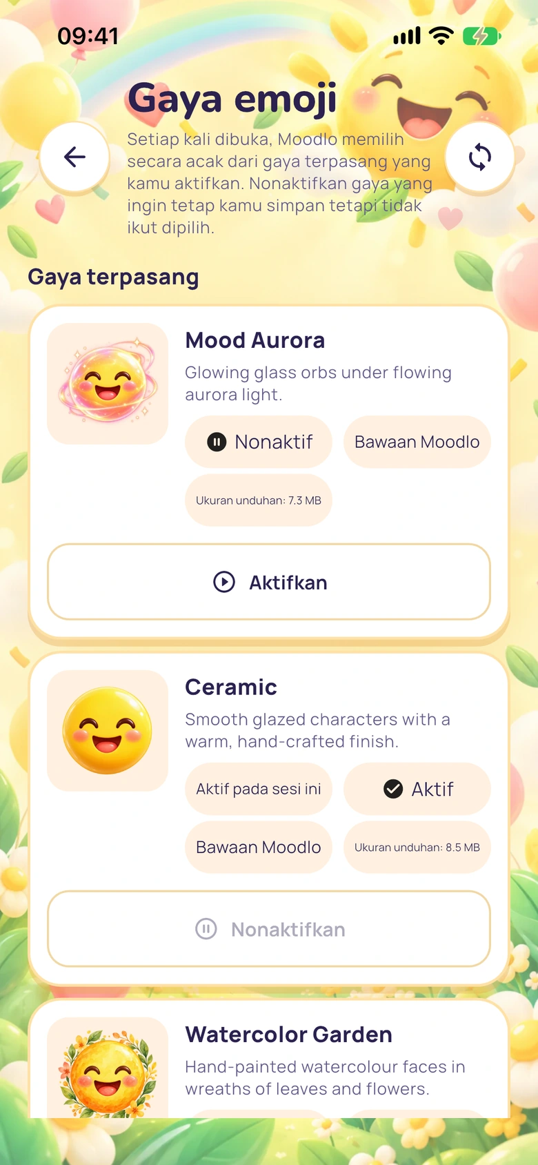 Gaya emoji yang terpasang di Moodlo dengan kontrol untuk mengaktifkan dan menonaktifkannya.