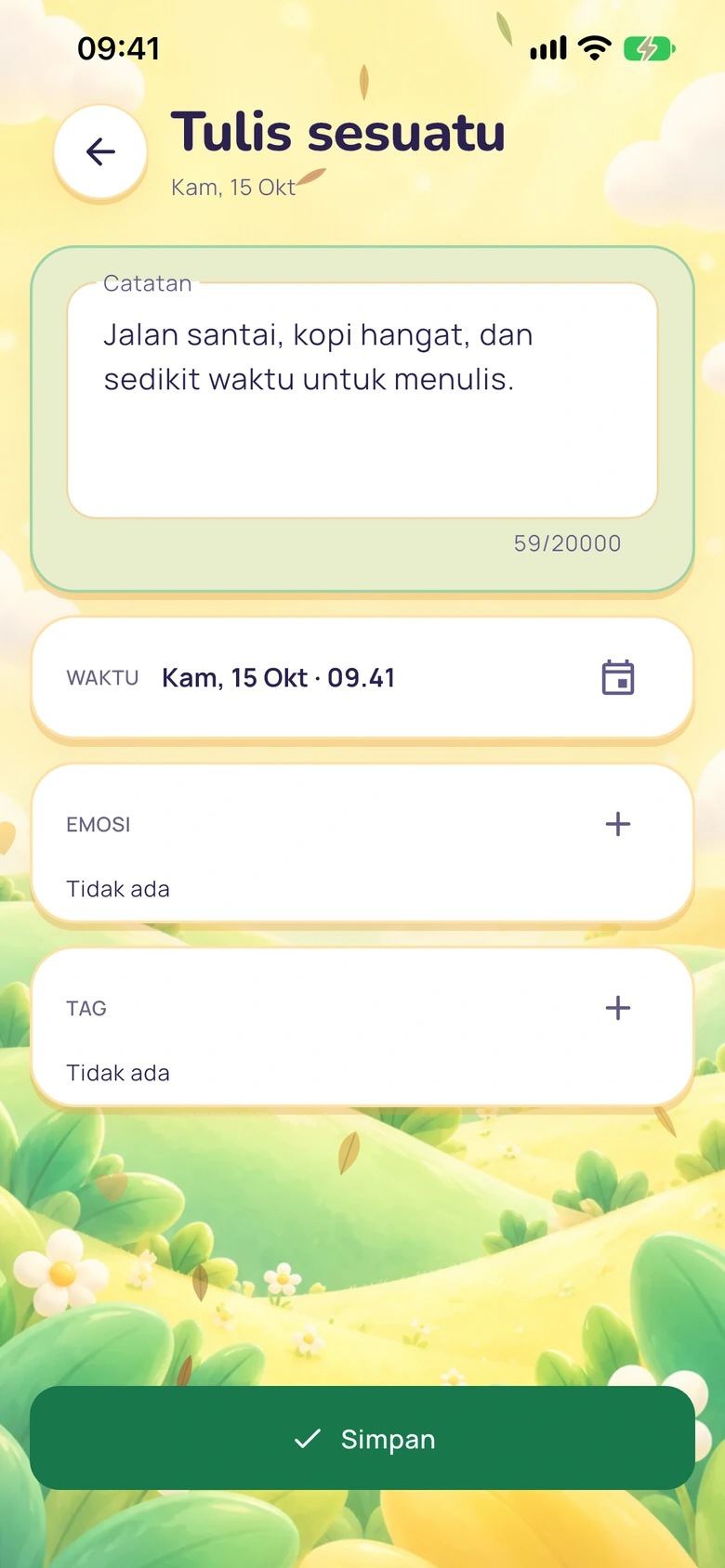 Layar catatan singkat Moodlo dengan kolom teks, tombol simpan, dan pemilih emosi.
