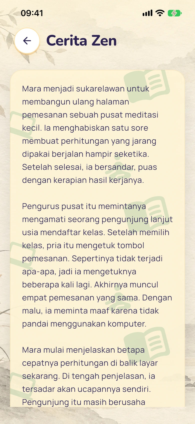 Pembaca cerita Zen Moodlo dengan latar bergambar.