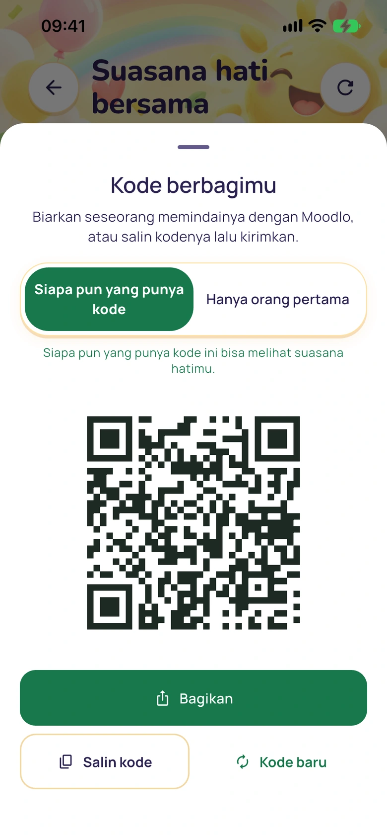 Panel kode berbagi dengan kode QR dan tombol untuk membagikan, menyalin kode, atau membuat kode baru