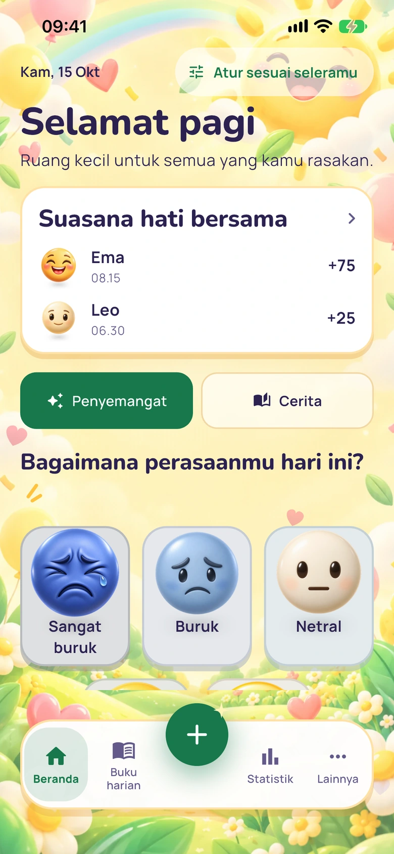 Layar Beranda Moodlo dengan kartu Suasana hati bersama: Ema +75 dan Leo +25