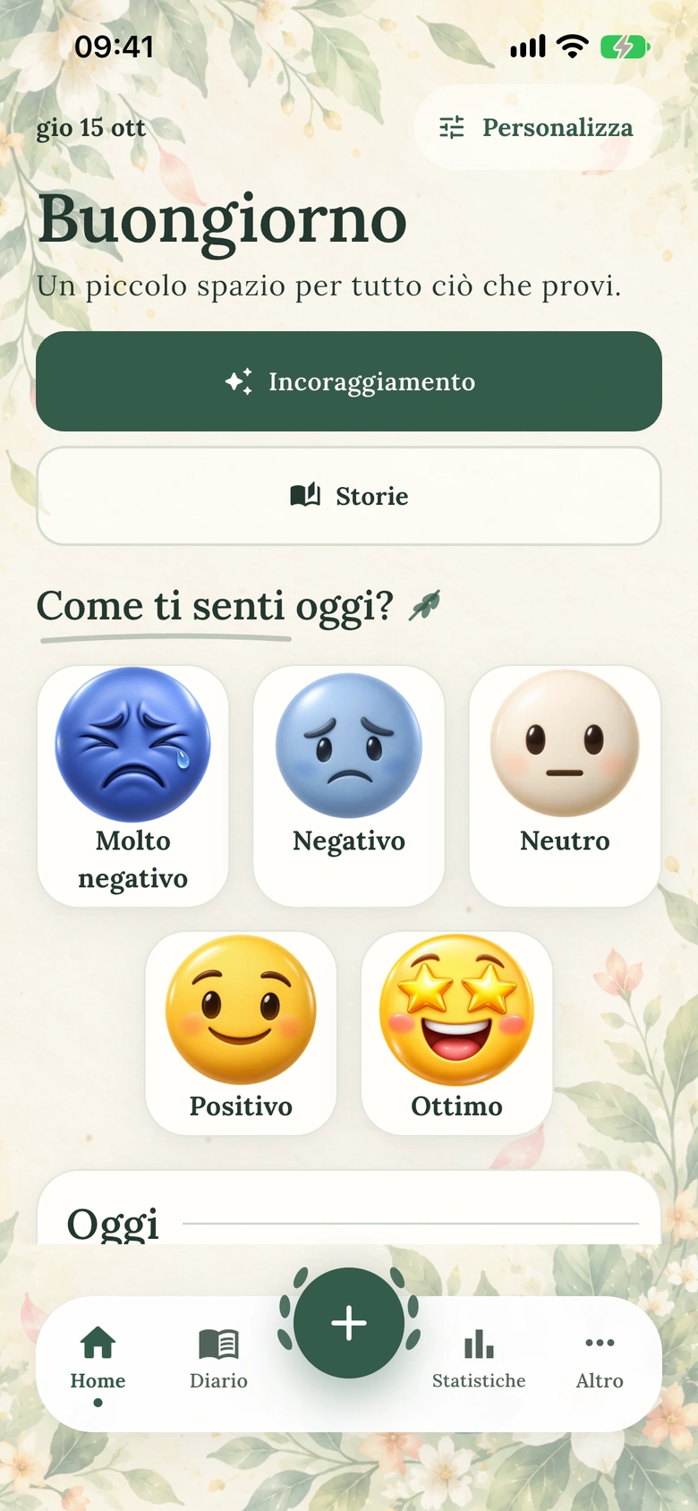 La schermata Home di Moodlo con il design Giardino ad acquerello