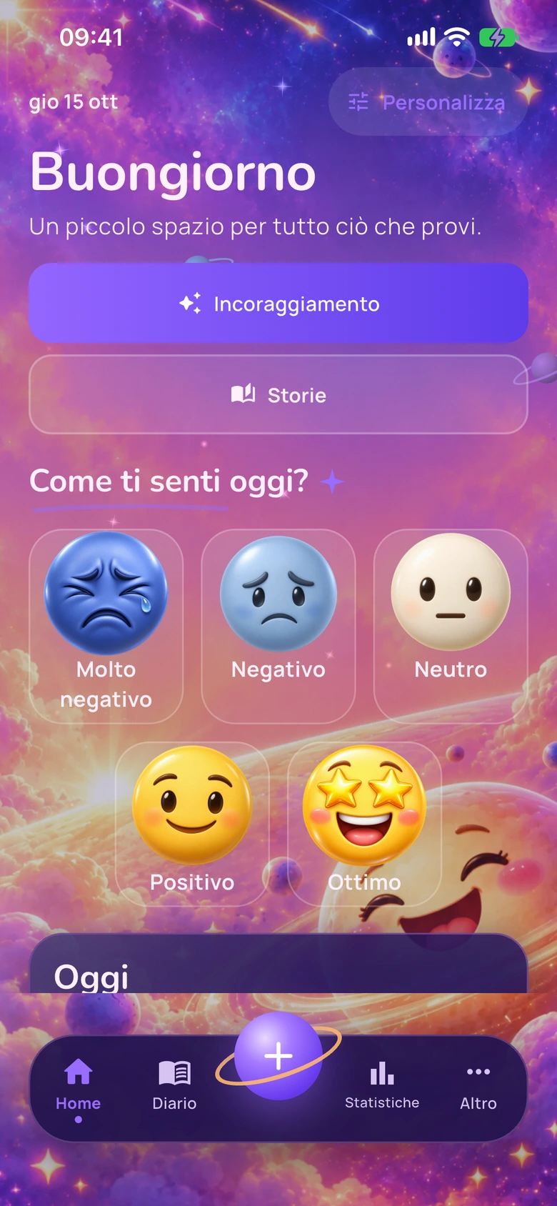 La schermata Home di Moodlo con il design Universo emoji