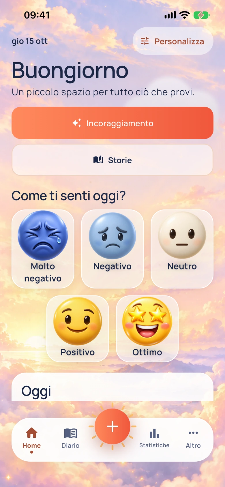 La schermata Home di Moodlo con il design Meteo dell’umore