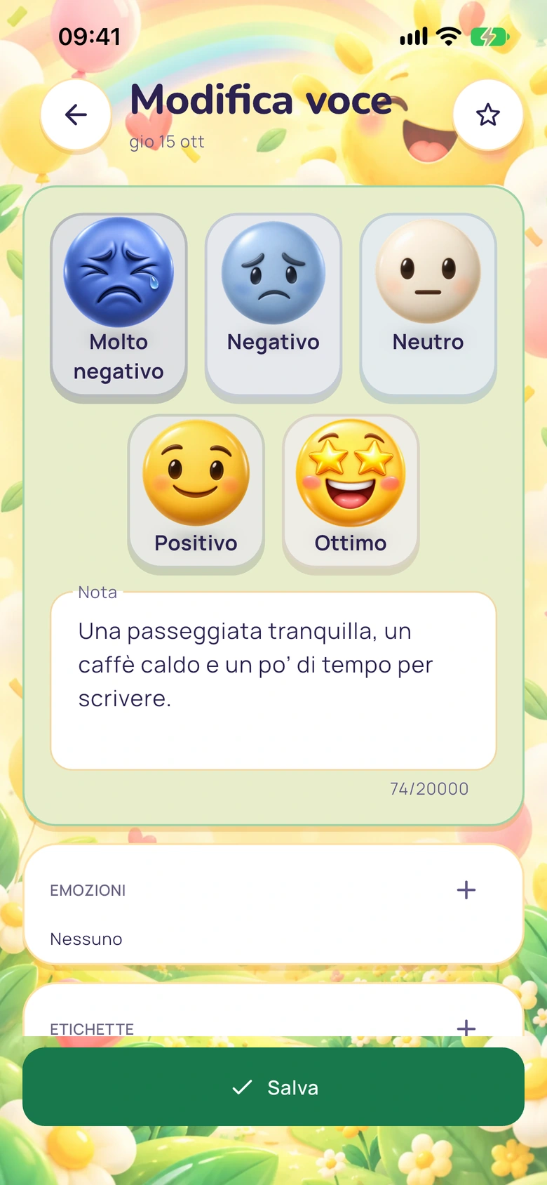 Editor del diario Moodlo con scelta dell’umore, una nota, emozioni e tag.