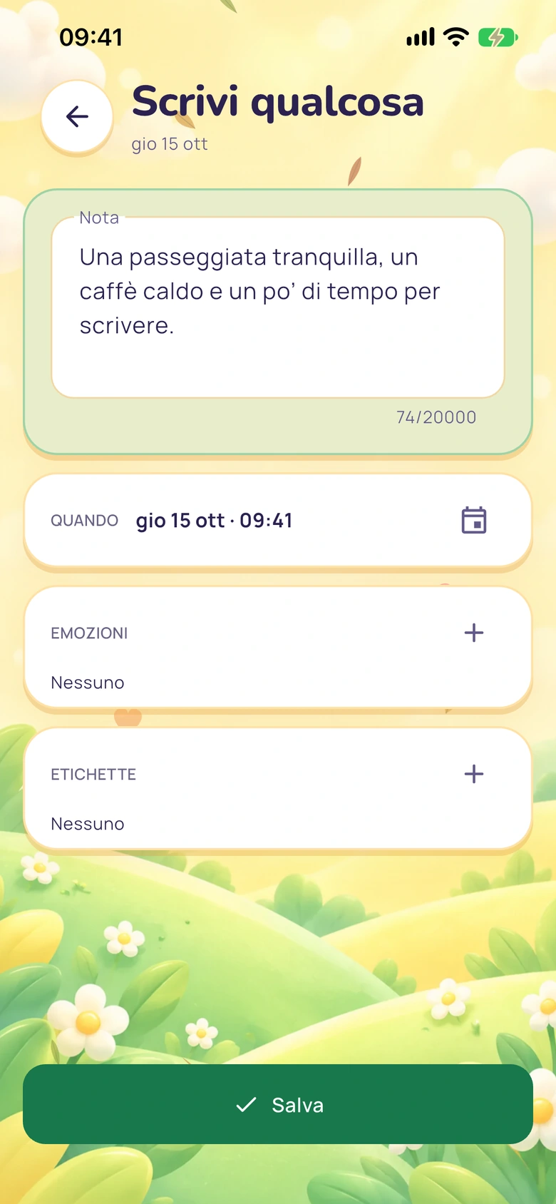 Schermata delle note veloci di Moodlo con un campo di testo, un pulsante per salvare e un selettore delle emozioni.
