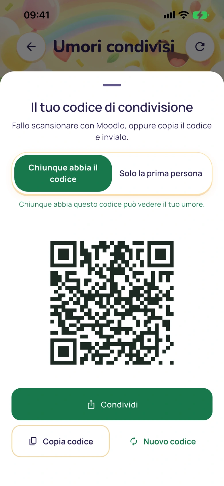 Il pannello del codice di condivisione con un codice QR e pulsanti per condividerlo, copiare il codice o crearne uno nuovo
