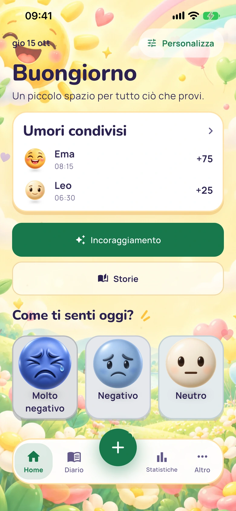 La Home di Moodlo con la scheda Umori condivisi: Ema a +75 e Leo a +25