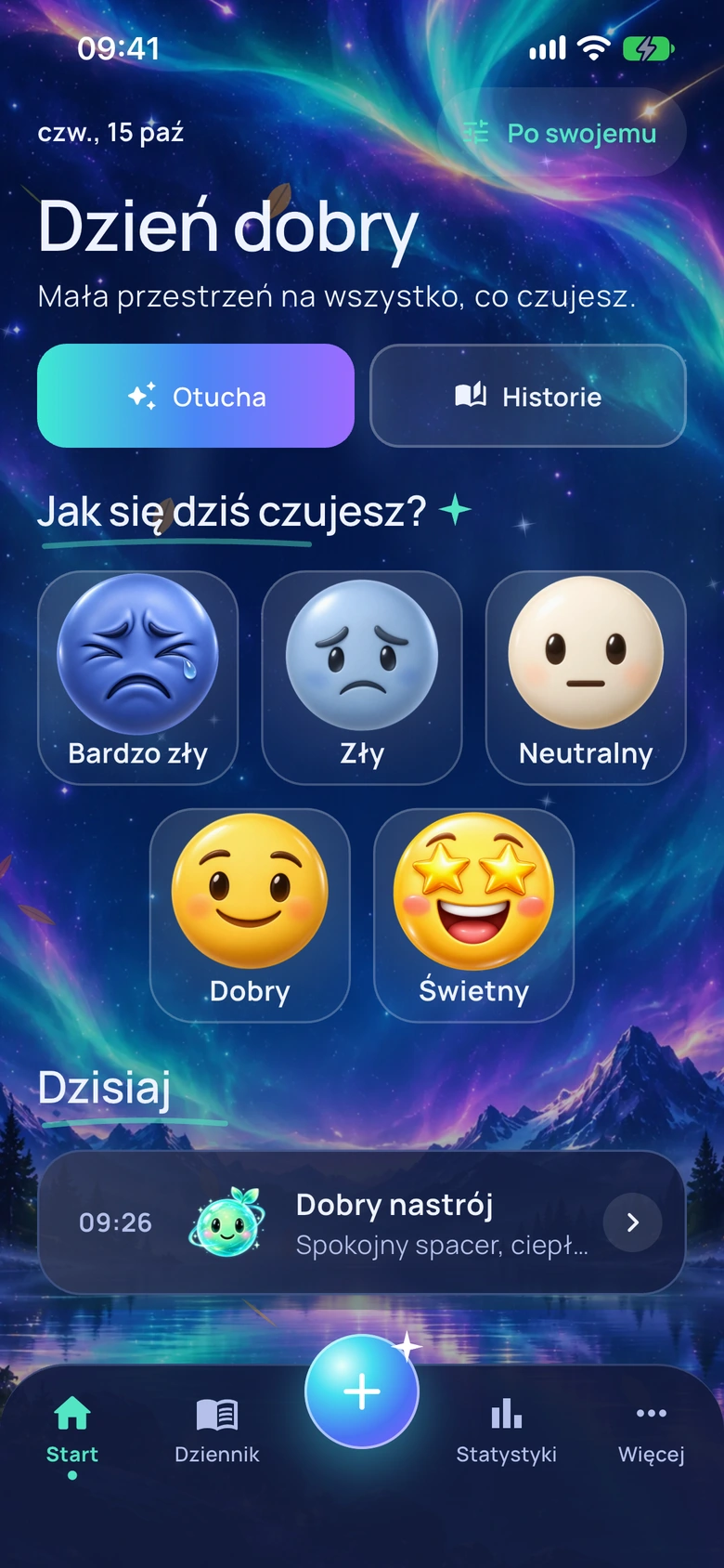 Ekran główny Moodlo w wyglądzie Zorza nastroju