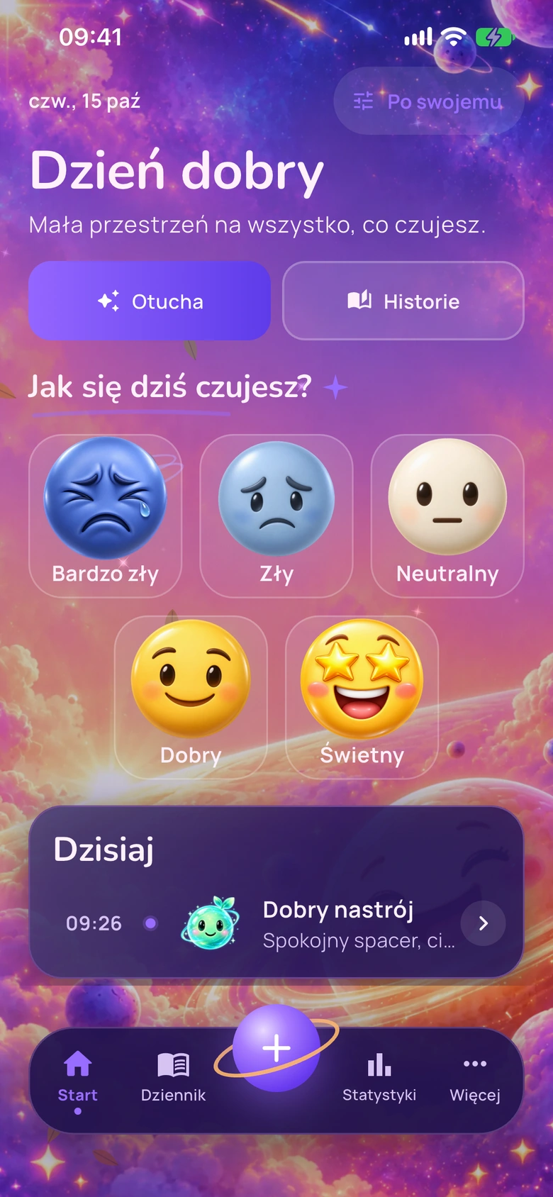 Ekran główny Moodlo w wyglądzie Wszechświat emoji
