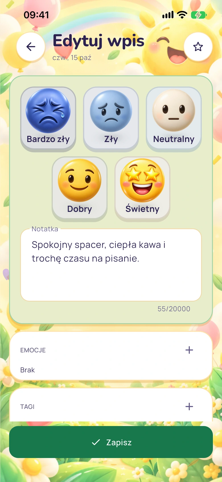 Edytor dziennika Moodlo z wyborem nastroju, notatką, emocjami i tagami.