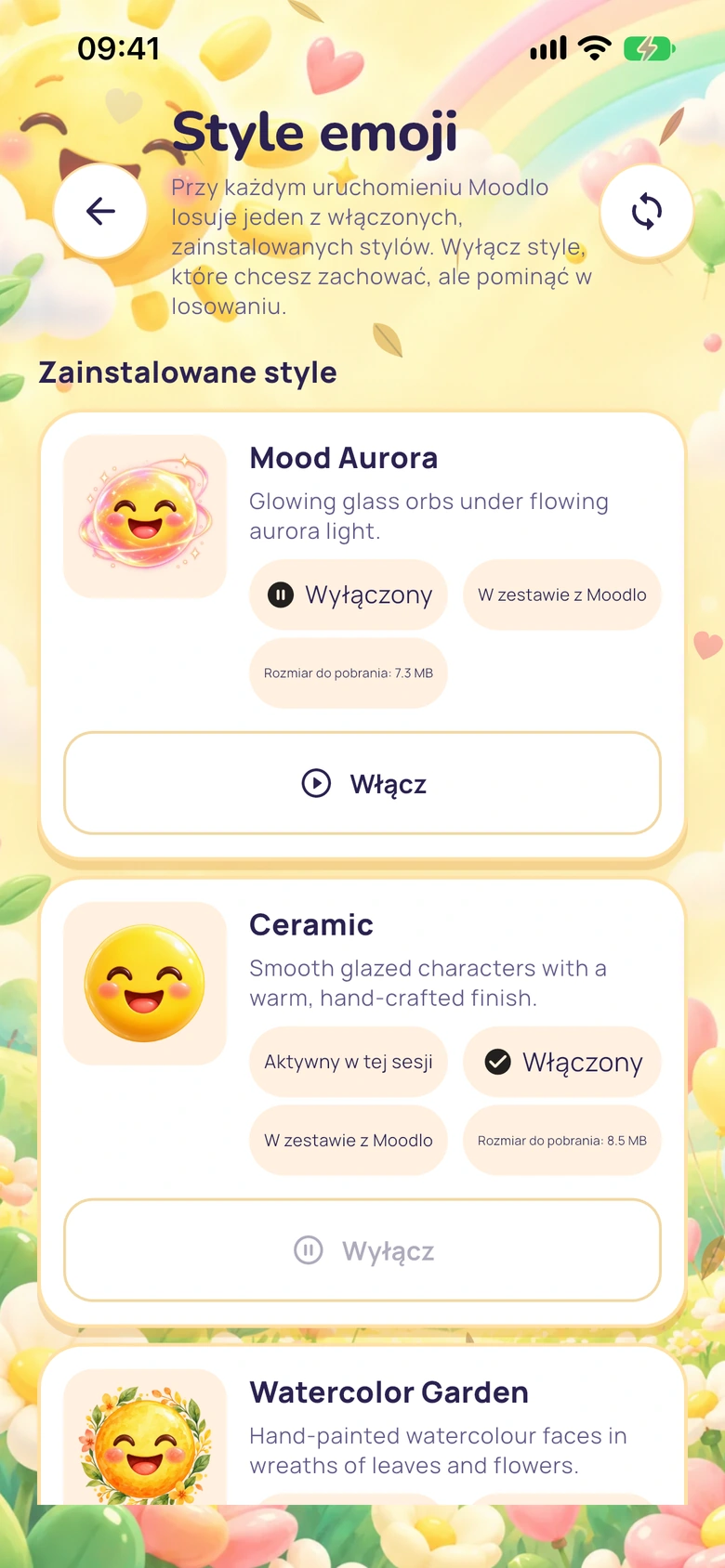 Zainstalowane style emoji w Moodlo z przyciskami do ich włączania i wyłączania.