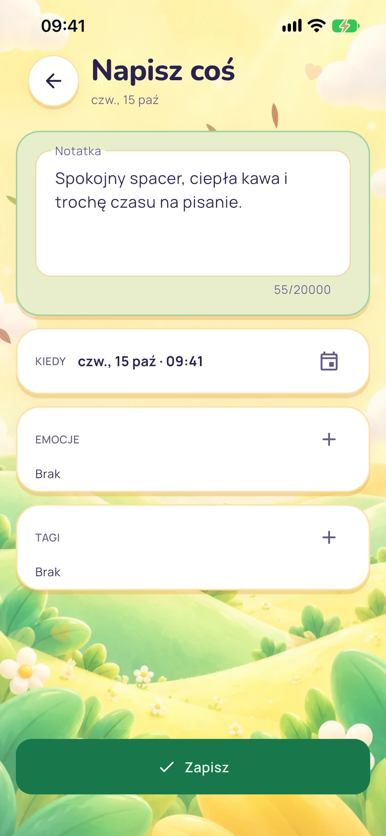Ekran krótkiej notatki w Moodlo z polem tekstowym, przyciskiem zapisu i wyborem emocji.