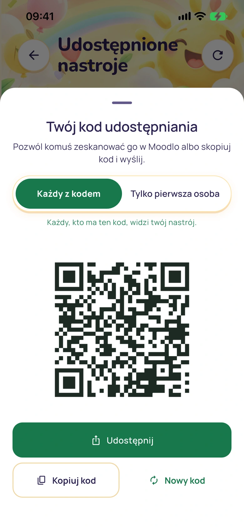 Panel kodu udostępniania z kodem QR i przyciskami do udostępnienia, skopiowania kodu i utworzenia nowego