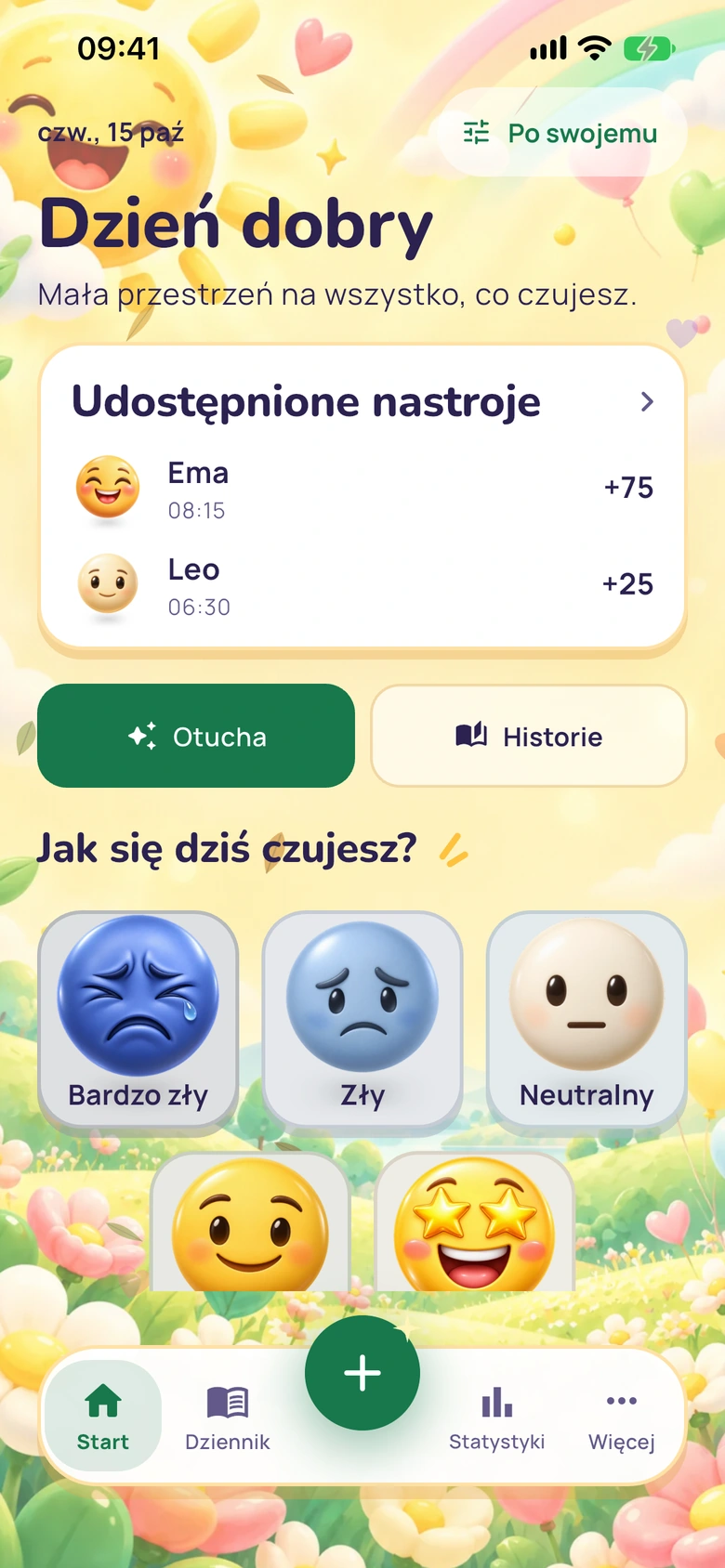 Ekran główny Moodlo z kartą Udostępnione nastroje: Ema +75 i Leo +25