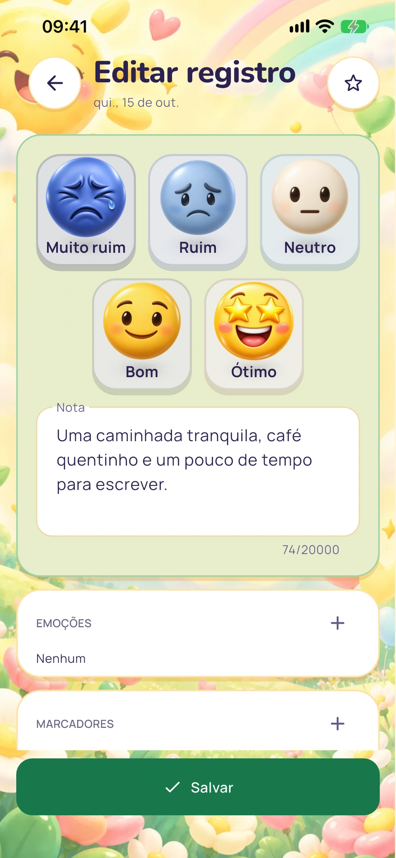Editor do diário Moodlo com opções de humor, uma nota, emoções e etiquetas.